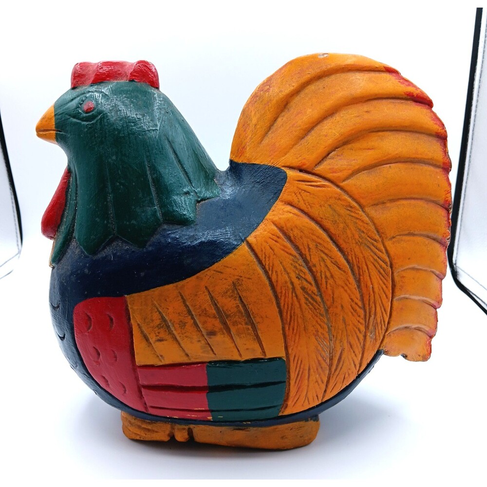 Vtg Wooden Rooster Hand Carved Painted Farmhouse Folk Art Rustic Figurine 10"